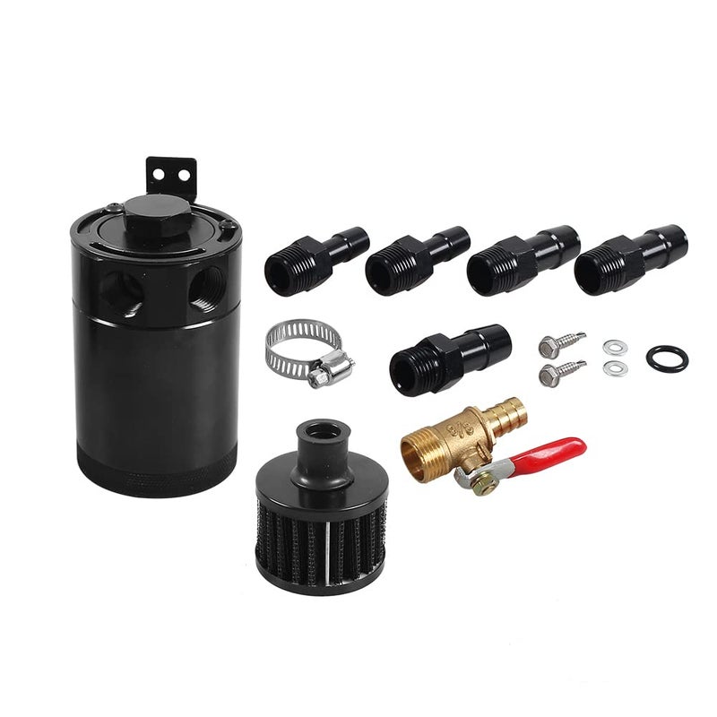 WENJTP Oil Catch Can Kit with 4 Adapters + Breather Filter Drain Valve Plug 2 Ports (1 oulet + 1 inlet) 150ml Universal Aluminum Baffled Oil Reservoir Tank Oil Separator - Image 3